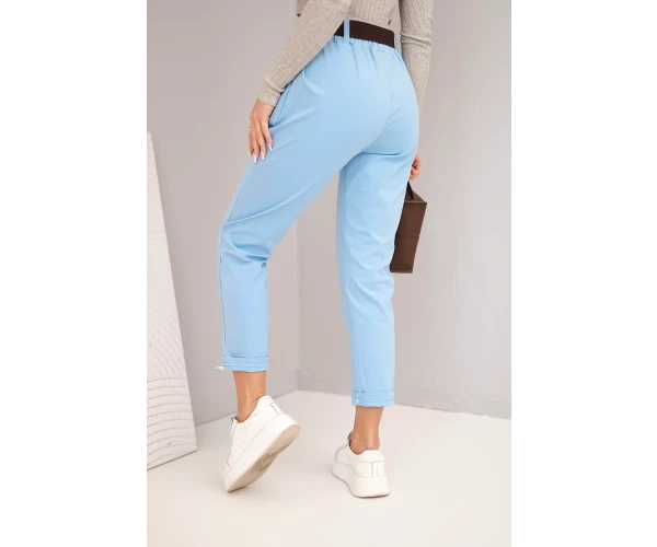 Spodnie damskie bawełniane z paskiem i podwijaną nogawką niebieskie-3