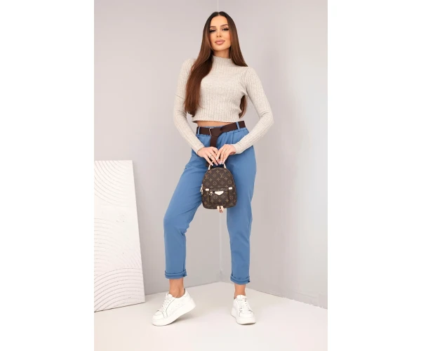 Spodnie damskie bawełniane z paskiem i podwijaną nogawką jeansowe-2