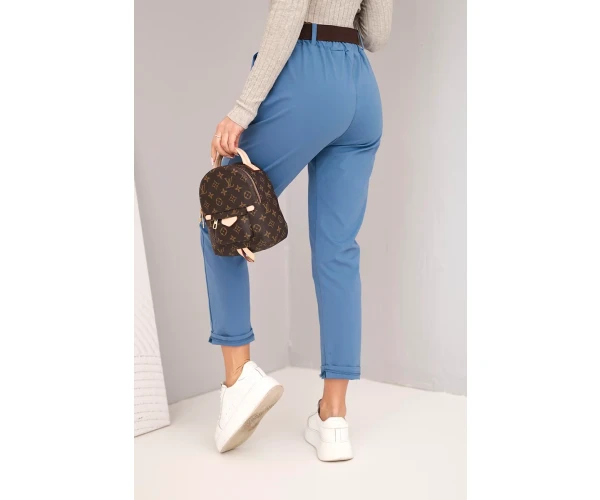 Spodnie damskie bawełniane z paskiem i podwijaną nogawką jeansowe-3