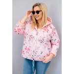 Kurtka damska wiosenna pikowana Plus Size z kapturem i kwiatowym wzorem pudrowy róż-1