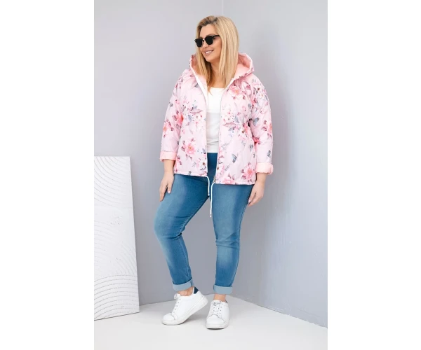 Kurtka damska wiosenna pikowana Plus Size z kapturem i kwiatowym wzorem pudrowy róż-2