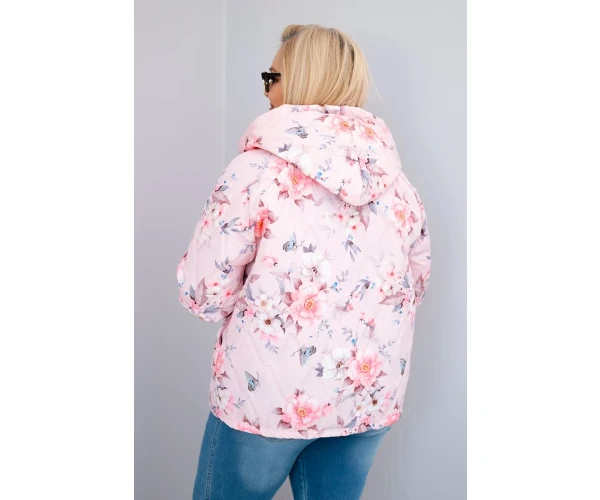 Kurtka damska wiosenna pikowana Plus Size z kapturem i kwiatowym wzorem pudrowy róż-3