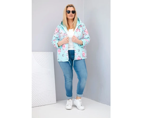 Kurtka damska wiosenna pikowana Plus Size z kapturem i kwiatowym wzorem miętowa-2