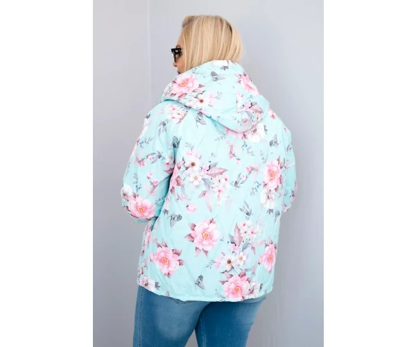 Kurtka damska wiosenna pikowana Plus Size z kapturem i kwiatowym wzorem miętowa-3