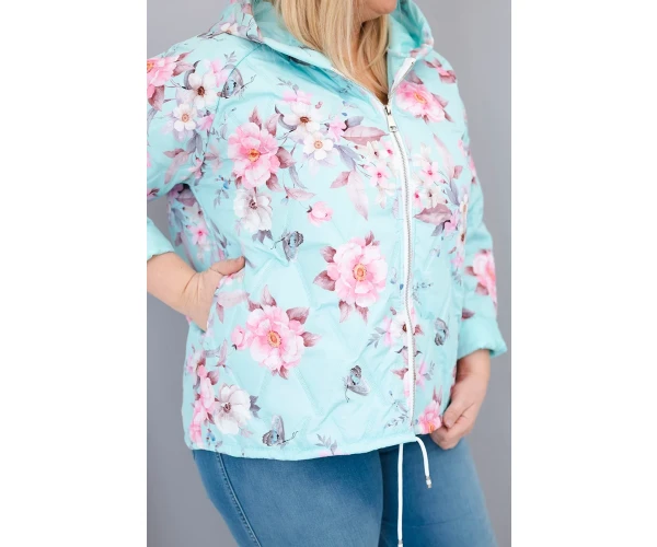 Kurtka damska wiosenna pikowana Plus Size z kapturem i kwiatowym wzorem miętowa-4
