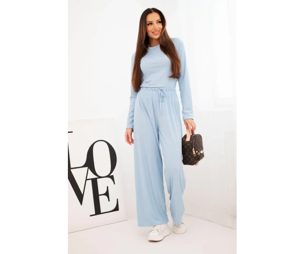 Komplet damski wiskozowy z bluzką i szerokimi spodniami niebieski-2