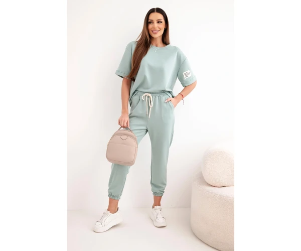 Komplet damski z wiskozy masełko z krótkim rękawem i spodniami ciemny miętowy-1
