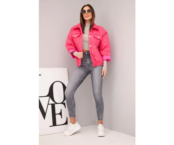 Kurtka damska wiosenna pikowana z kwiatowym wzorem różowa-2