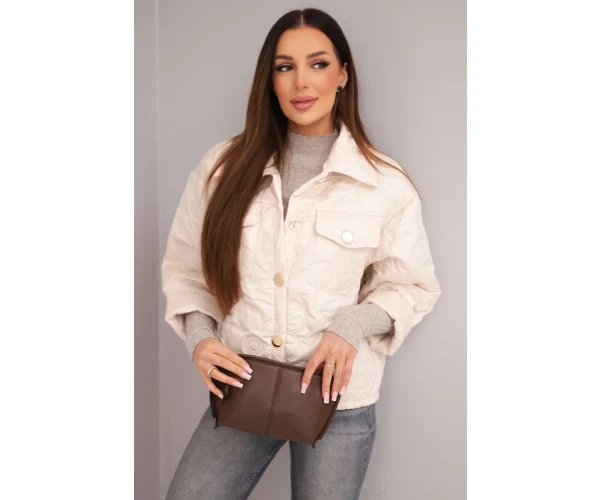 Kurtka damska wiosenna pikowana z kwiatowym wzorem beżowa-1