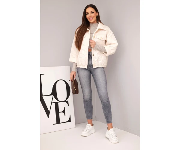 Kurtka damska wiosenna pikowana z kwiatowym wzorem beżowa-2