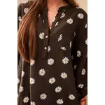 Lniana damska bluzka w kwiaty z długim rękawem i guzikami brązowa-4