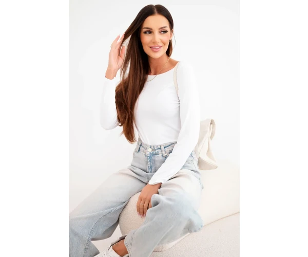Bluzka damska wiskozowa z szerokim dekoltem i długim rękawem biała-1