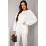 Komplet damski masełko bluza z broszką i spodnie z prostą nogawką ecru-1
