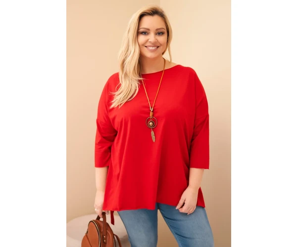 Bluzka damska bawełniana Plus Size asymetryczna z naszyjnikiem czerwona-1