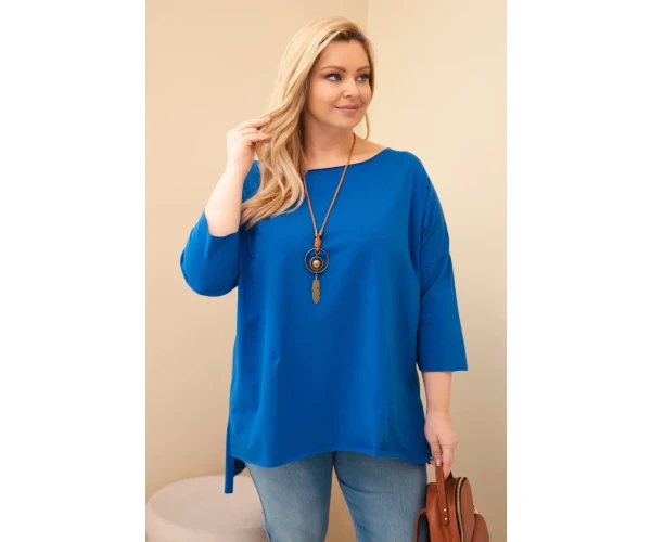 Bluzka damska bawełniana Plus Size asymetryczna z naszyjnikiem chabrowa-1