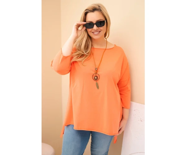 Bluzka damska bawełniana Plus Size asymetryczna z naszyjnikiem morelowa-1