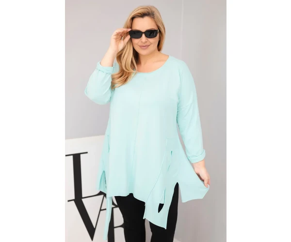 Bluzka damska bawełniana Plus Size z asymetrycznym dołem i wycięciami miętowa-1
