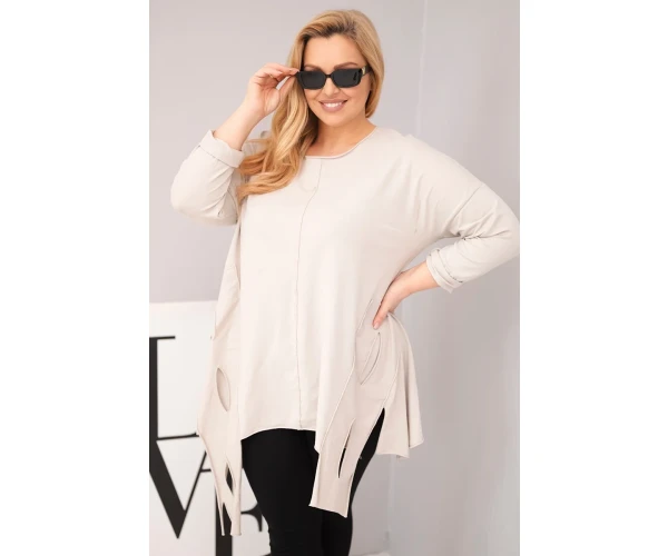 Bluzka damska bawełniana Plus Size z asymetrycznym dołem i wycięciami beżowa-1