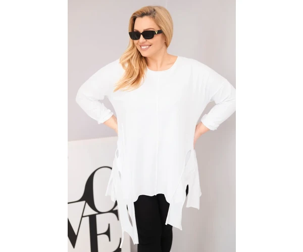 Bluzka damska bawełniana Plus Size z asymetrycznym dołem i wycięciami biała-1