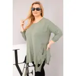 Bluzka damska bawełniana Plus Size z asymetrycznym dołem i wycięciami khaki-1