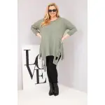 Bluzka damska bawełniana Plus Size z asymetrycznym dołem i wycięciami khaki-2