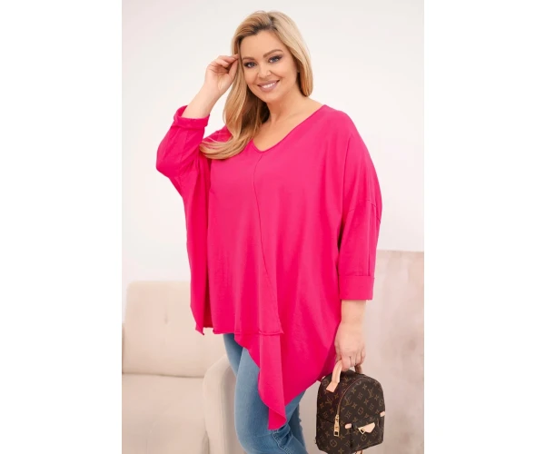 Bluzka damska bawełniana Plus Size z asymetrycznym dołem i dekoltem V fuksja-1