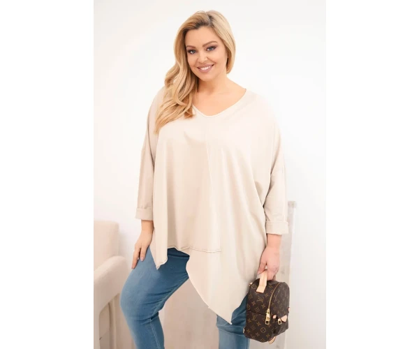 Bluzka damska bawełniana Plus Size z asymetrycznym dołem i dekoltem V beżowa-1