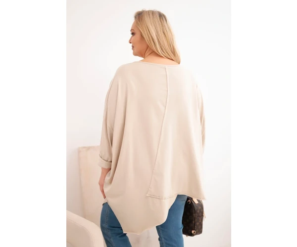 Bluzka damska bawełniana Plus Size z asymetrycznym dołem i dekoltem V beżowa-3
