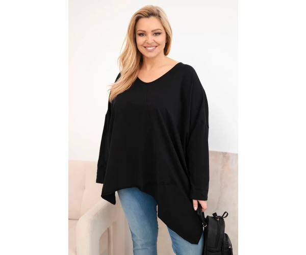 Bluzka damska bawełniana Plus Size z asymetrycznym dołem i dekoltem V czarna-1