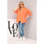 Bluzka damska bawełniana Plus Size z głębokim dekoltem V i asymetrycznym dołem morelowa-2