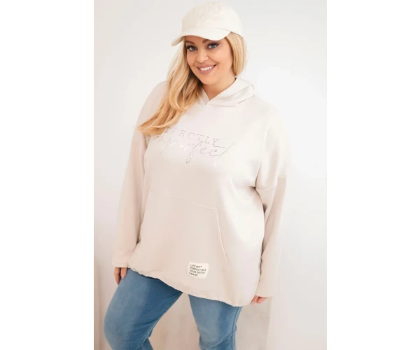 Bluza damska Plus Size z kapturem i nadrukiem beżowa-1