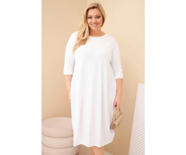 Sukienka damska bawełniana Plus Size z podwijanym rękawem i kieszeniami biała-1