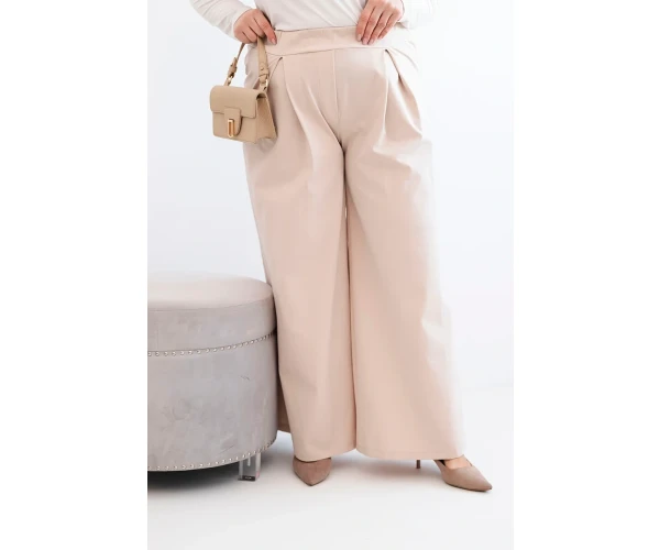 Spodnie damskie Plus Size z szerokimi nogawkami i plisowaniem beżowa-1