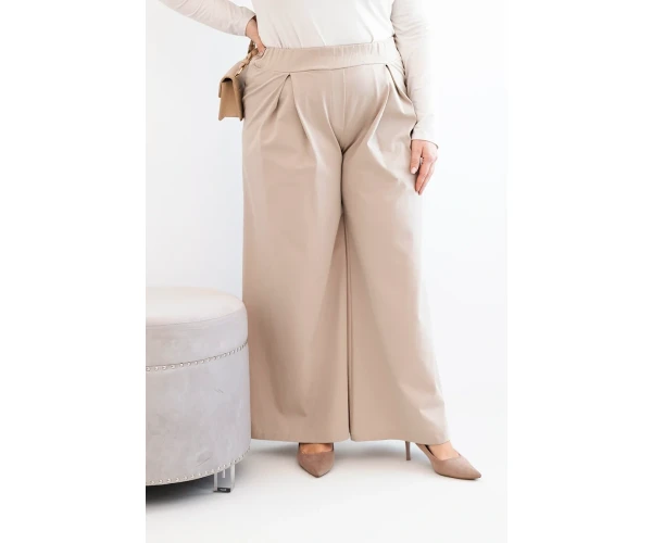 Spodnie damskie Plus Size z szerokimi nogawkami i plisowaniem ciemno beżowe-1