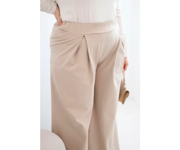 Spodnie damskie Plus Size z szerokimi nogawkami i plisowaniem ciemno beżowe-4