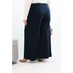 Spodnie damskie Plus Size z szerokimi nogawkami i plisowaniem granatowe-3