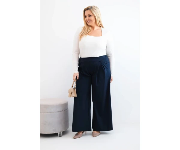 Spodnie damskie Plus Size z szerokimi nogawkami i plisowaniem granatowe-2