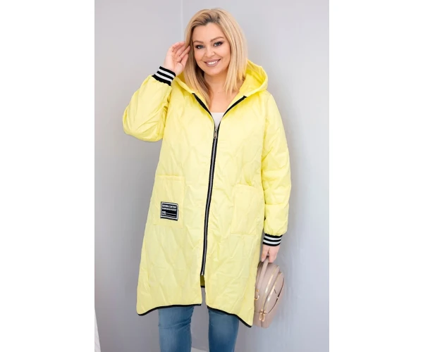 Kurtka damska Plus Size pikowana z kapturem i sportowymi mankietami żółta-1