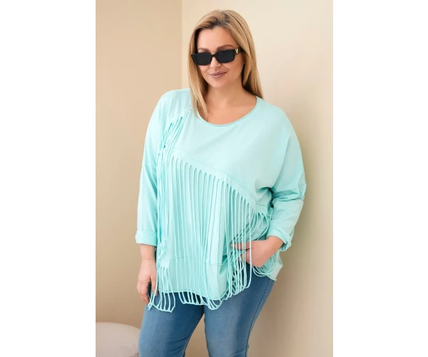 Bluzka damska bawełniana Plus Size z frędzlami miętowa-1