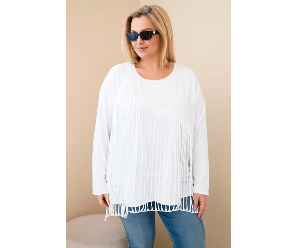 Bluzka damska bawełniana Plus Size z frędzlami biała-1