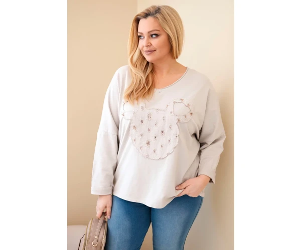 Bluzka damska bawełniana Plus Size z dekoltem V beżowa-1