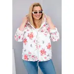 Kurtka damska wiosenna pikowana Plus Size z kapturem i kwiatowym wzorem biała-1