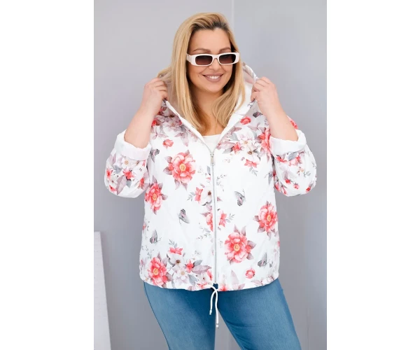 Kurtka damska wiosenna pikowana Plus Size z kapturem i kwiatowym wzorem biała-1