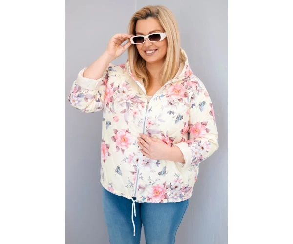 Kurtka damska wiosenna pikowana Plus Size z kapturem i kwiatowym wzorem żółta-1