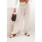 Spodnie damskie wiskozowe z szeroką nogawką i marszczeniami beżowe-1