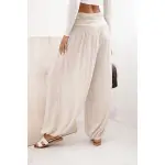 Spodnie damskie wiskozowe z szeroką nogawką i marszczeniami beżowe-2