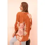 Bluzka damska z bawełny z kwiatowym wzorem i guzikami ruda-3