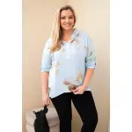 Bluzka damska Plus Size z wiskozy z kapturem i kwiatowym wzorem niebieska-2