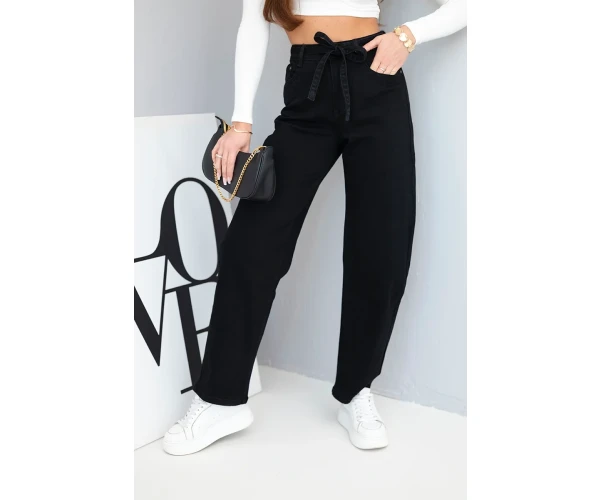 Spodnie damskie jeansowe z wysokim stanem i paskiem czarne-2