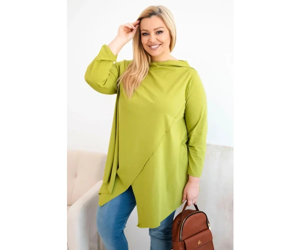 Bluzka damska bawełniana Plus Size asymetryczna z podwijanym rękawem oliwkowa-1